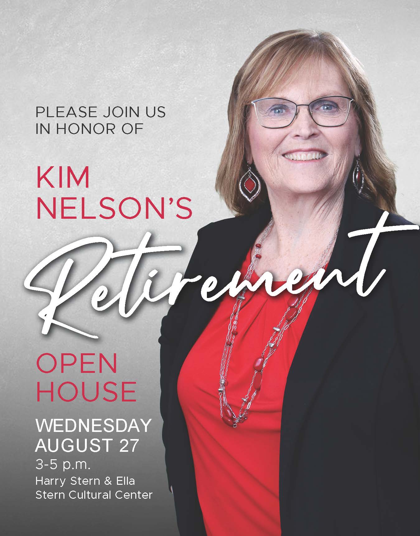 Kim Nelson Photo announcing Retirement Open House