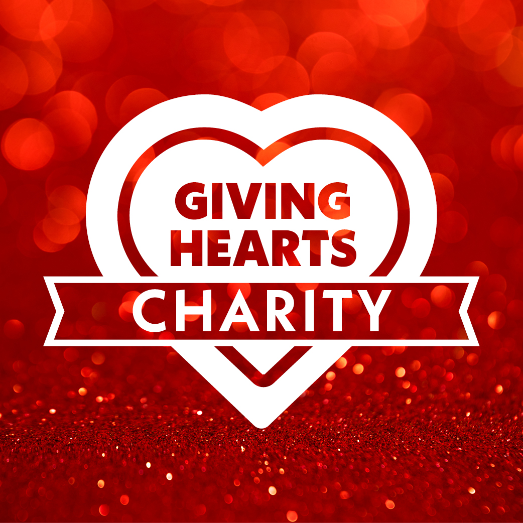 White heart with Giving Hearts Charity Displayed