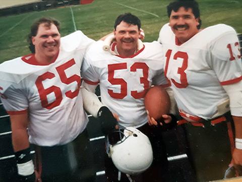 Harry Jackmann (#65) pictured with Ed Boos (#53) and Dennis Eastman (#13)